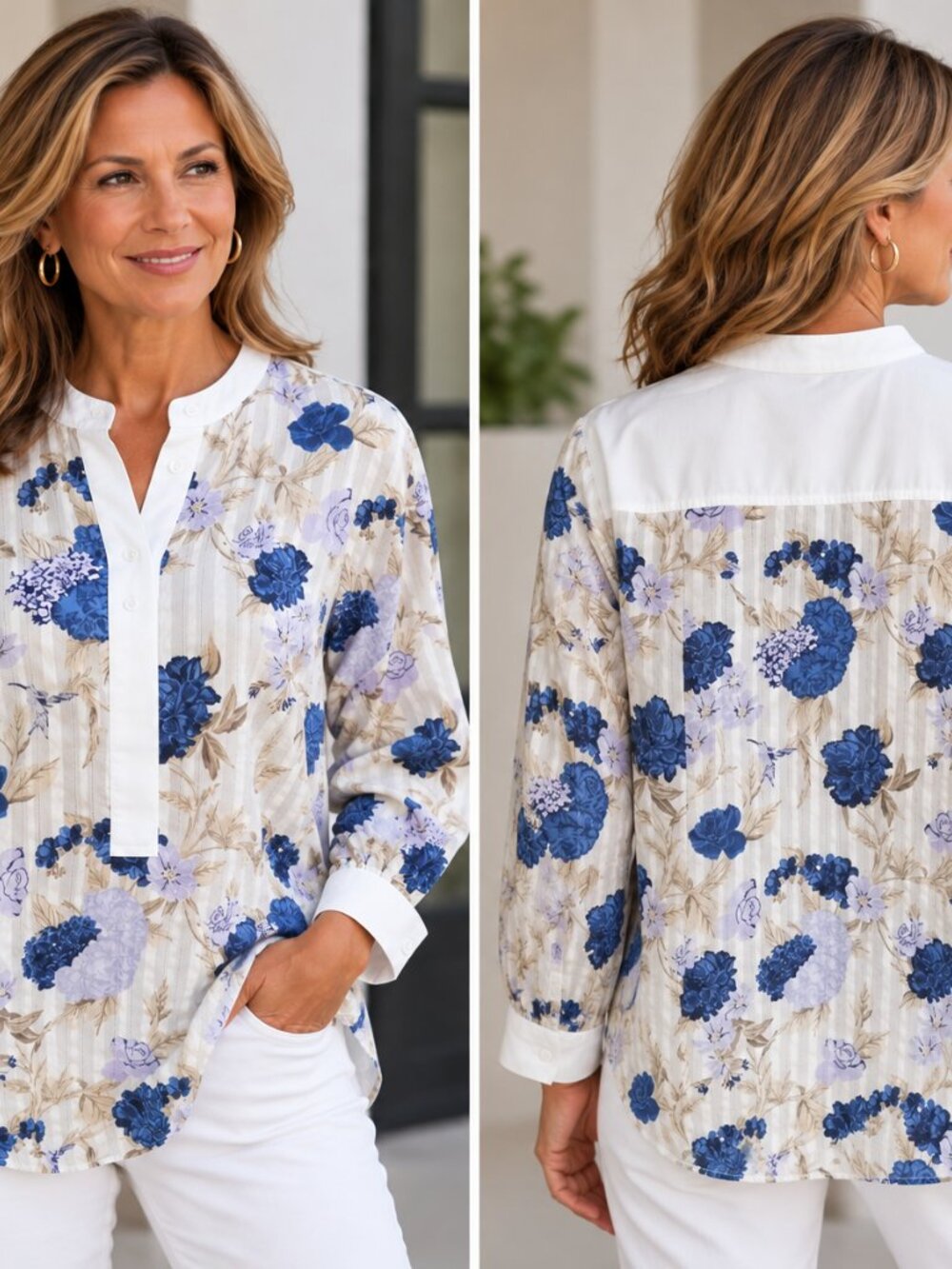 Tory Burch Sz M Blue Floral Print Tunic Blouse Top Coastal Preppy Quiet Luxury